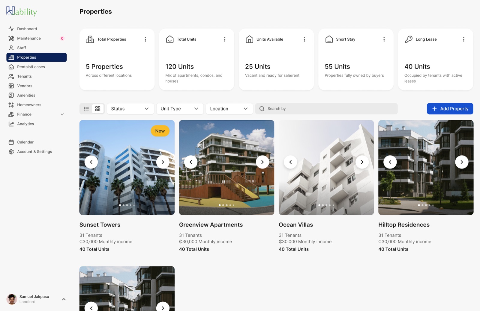 Hability property management dashboard